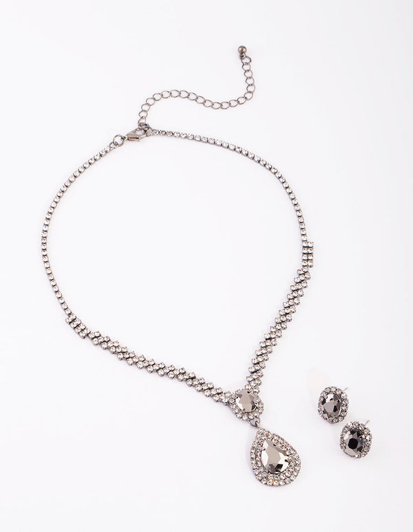 Gunmetal Teardrop Diamante Necklace and Earrings Set