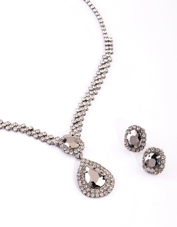 Gunmetal Teardrop Diamante Necklace and Earrings Set