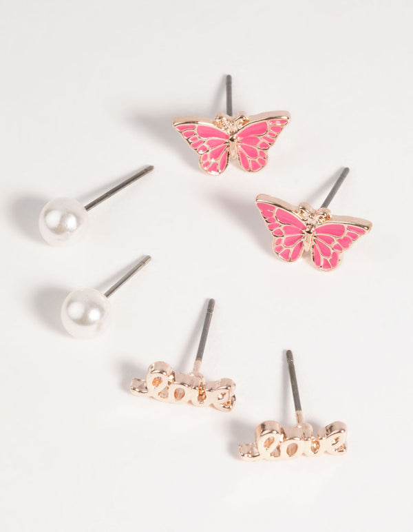 Rose Gold Love and Butterfly Stud Earring Pack