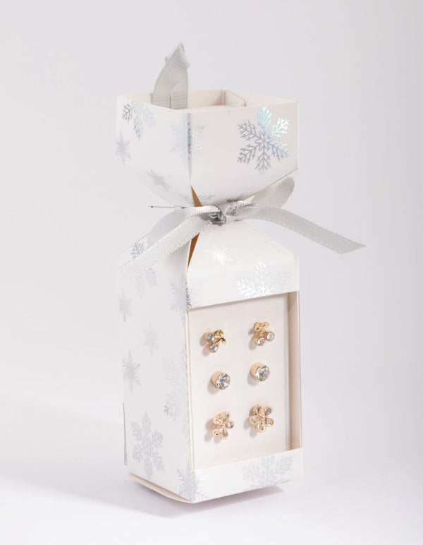 Gold Cherry and Flower Diamante Stud Earring Pack