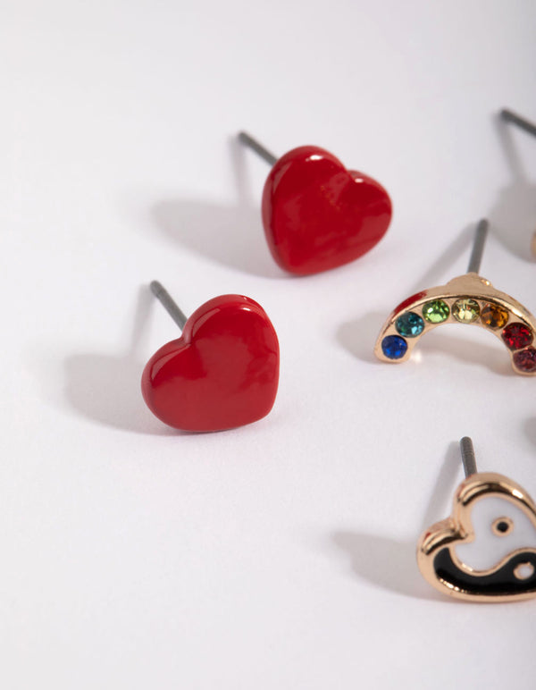 Gold Heart and Rainbow Stud Earring Pack