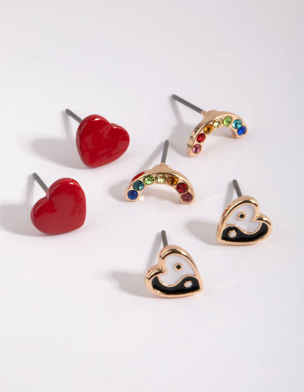 Gold Heart and Rainbow Stud Earring Pack