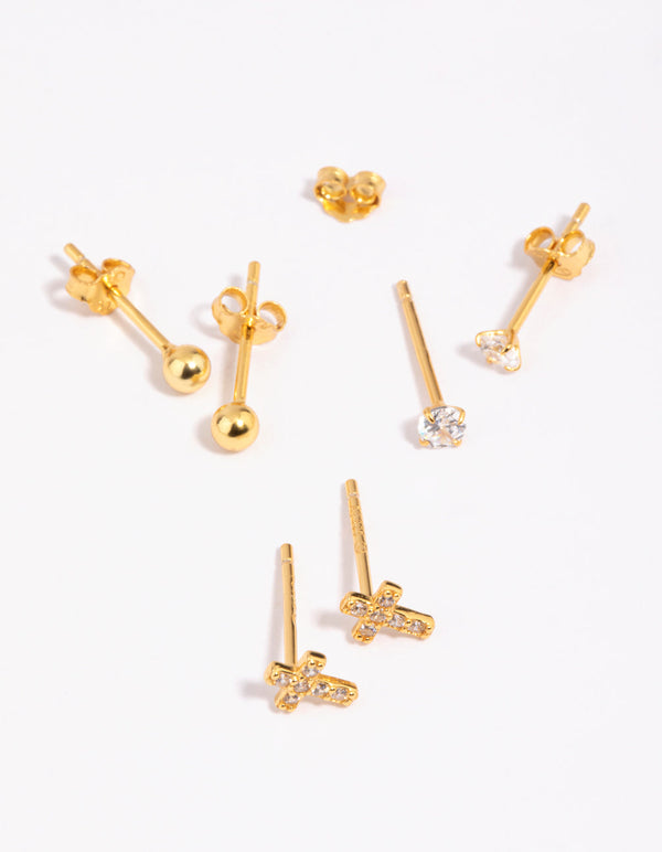 Gold Plated Sterling Silver Cross and Diamante Stud Earring Pack