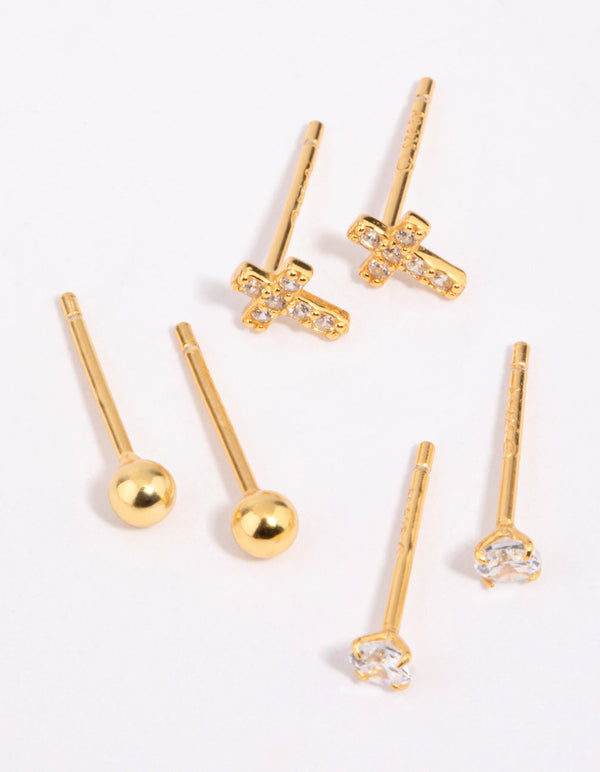 Gold Plated Sterling Silver Cross and Diamante Stud Earring Pack