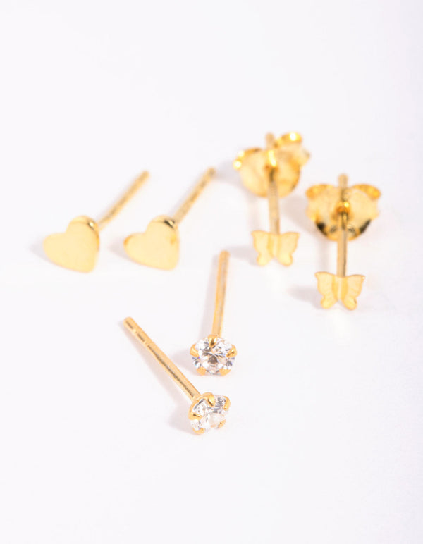 Gold Plated Sterling Silver Heart and Butterfly Stud Earring Pack