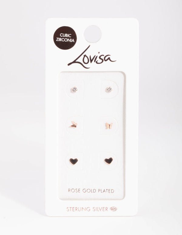 Rose Gold Plated Sterling Silver Heart and Butterfly Stud Earring Pack