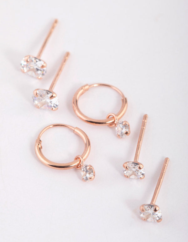 Rose Gold Plated Sterling Silver Cubic Zirconia Stud and Hoop Earring Pack