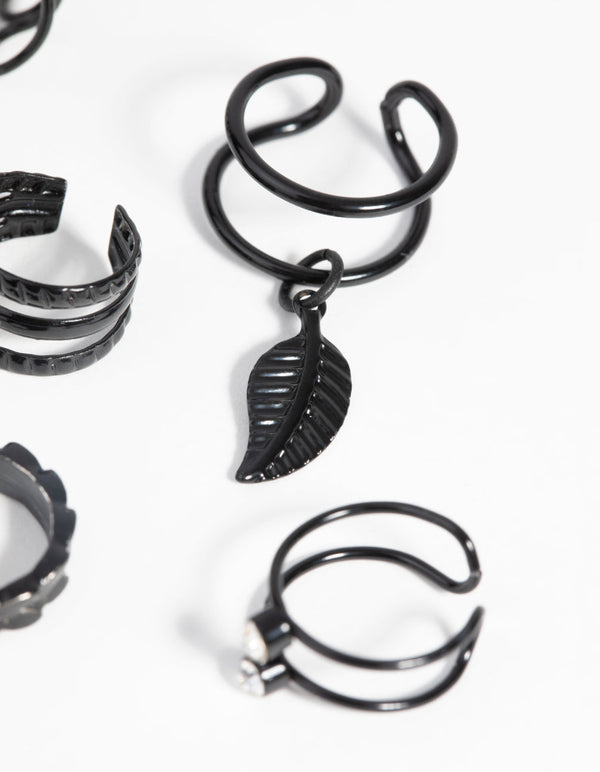 Matte Black Textured Leaf Ear Cuff Earring Pack