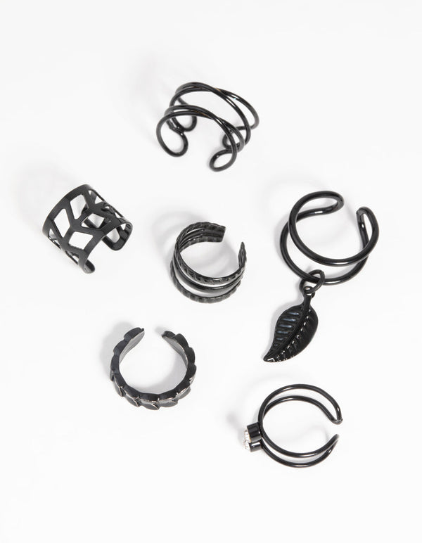 Matte Black Textured Leaf Ear Cuff Earring Pack