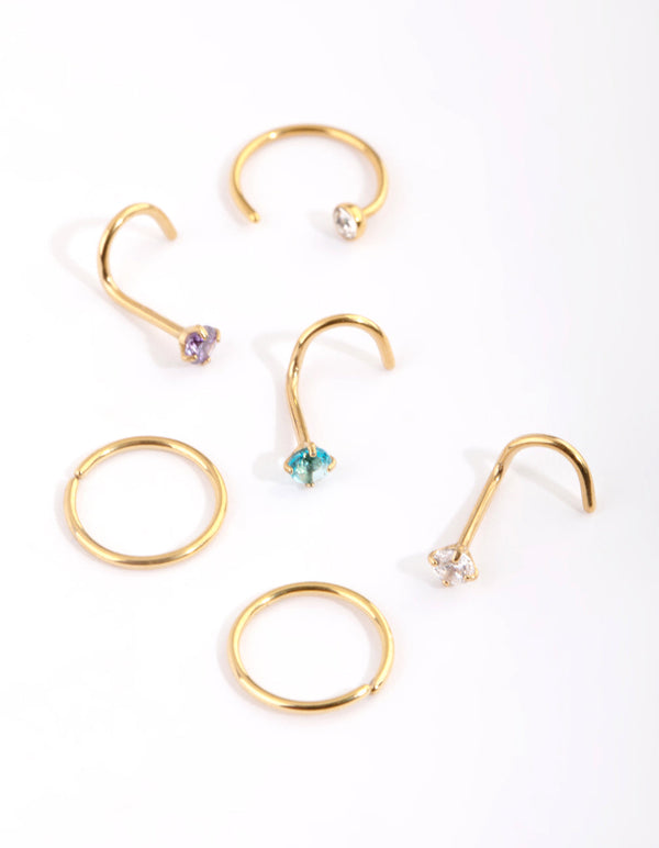 Gold Plated Surgical Steel Pastel Diamante Nose Stud Pack