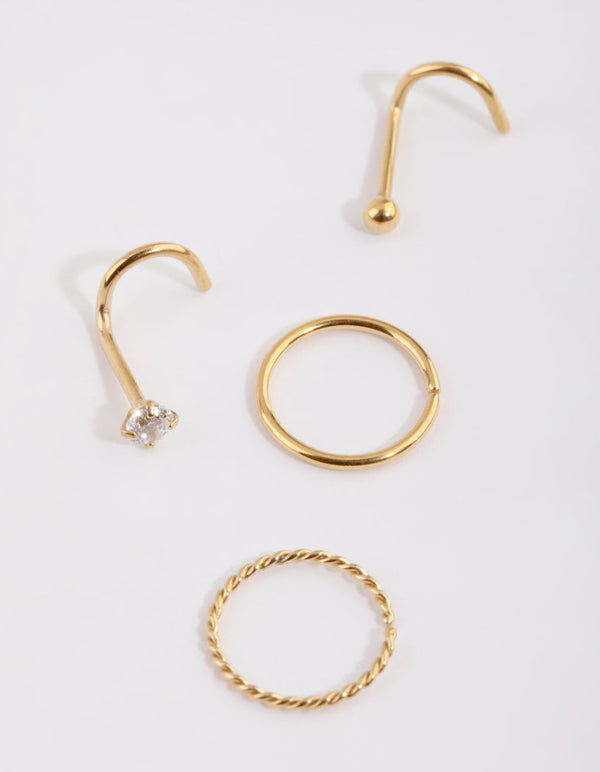 Gold Plated Surgical Steel Diamante Twisted Nose Ring Pack
