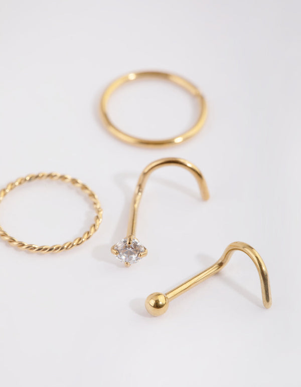 Gold Plated Surgical Steel Diamante Twisted Nose Ring Pack