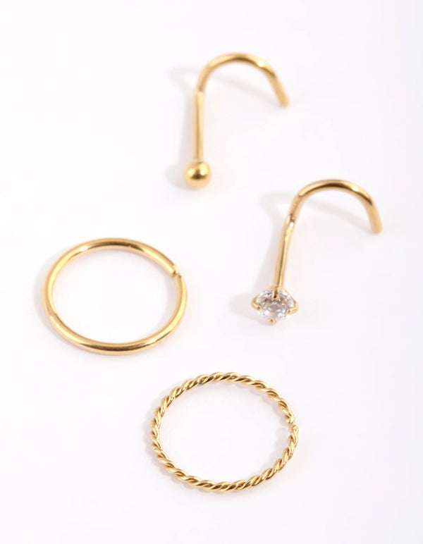 Gold Plated Surgical Steel Diamante Twisted Nose Ring Pack
