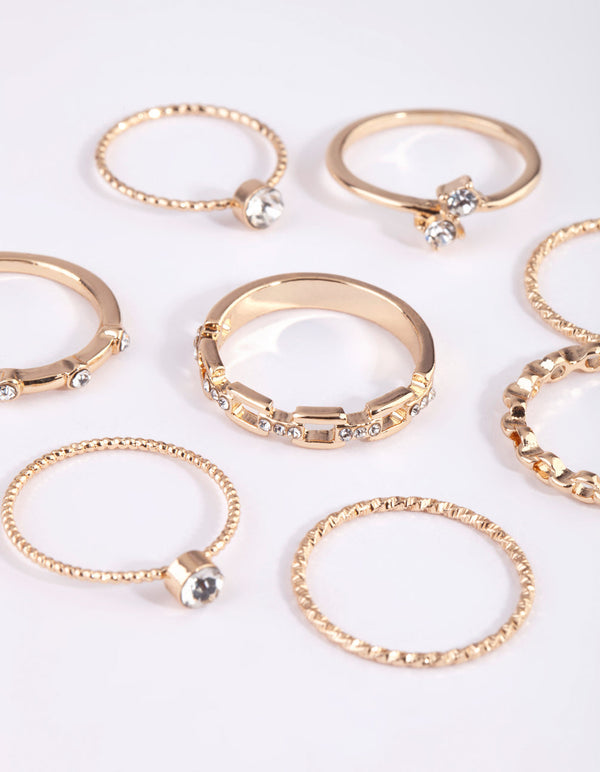 Gold and Diamante Chain Ring Pack
