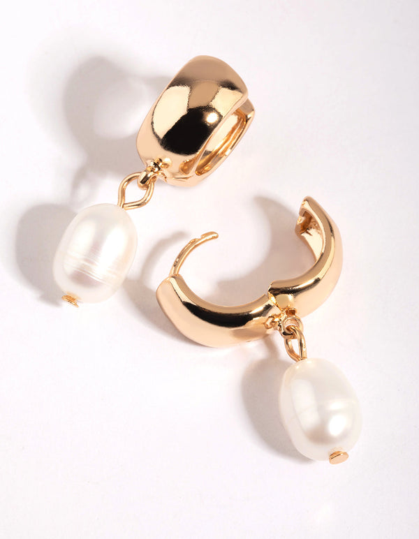 Gold Chunky Pearl Huggie Hoop Earrings