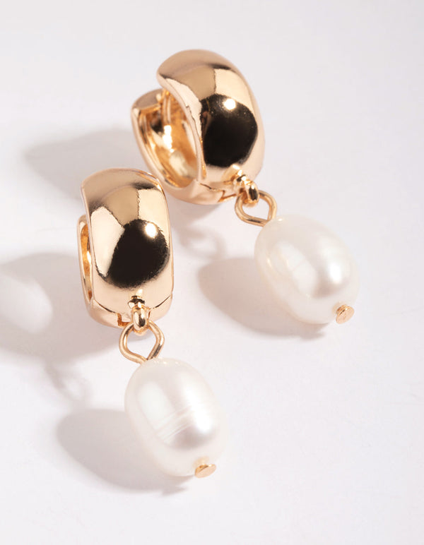 Gold Chunky Pearl Huggie Hoop Earrings