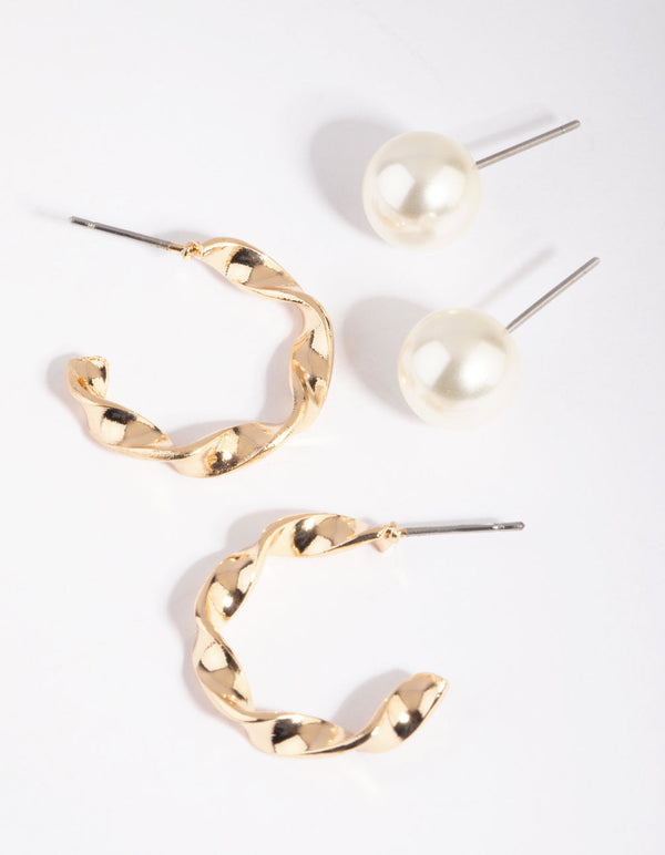 Gold Pearl Hoop Earring Set