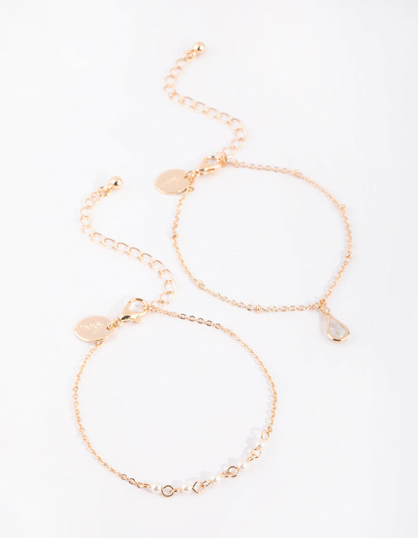 Gold Pearl and Teardrop Diamante Bracelet Set
