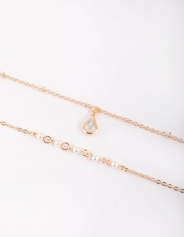 Gold Pearl and Teardrop Diamante Bracelet Set