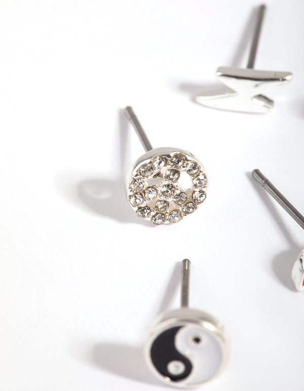 Rhodium Novelty Charm Stud Earring Pack