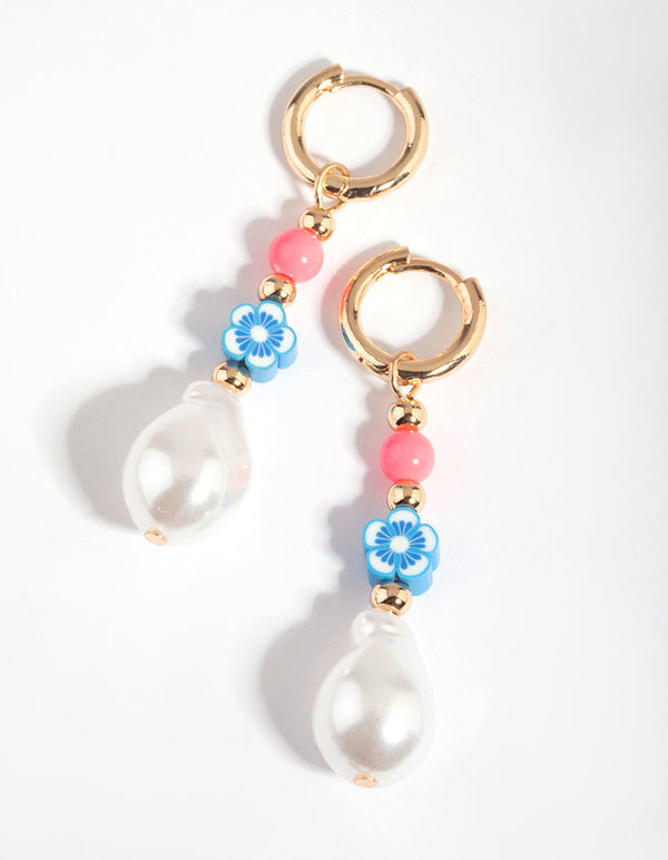 Gold Bright Bead and Pearl Huggie Hoop Earrings