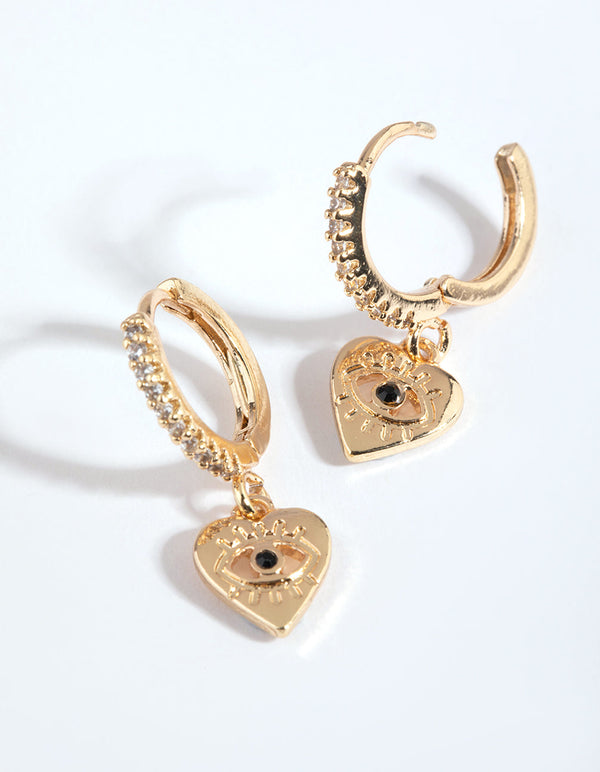 Gold Evil Eye and Heart Huggie Hoop Earrings