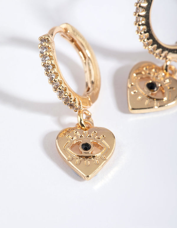 Gold Evil Eye and Heart Huggie Hoop Earrings