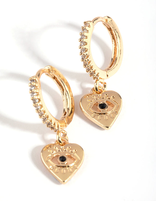 Gold Evil Eye and Heart Huggie Hoop Earrings