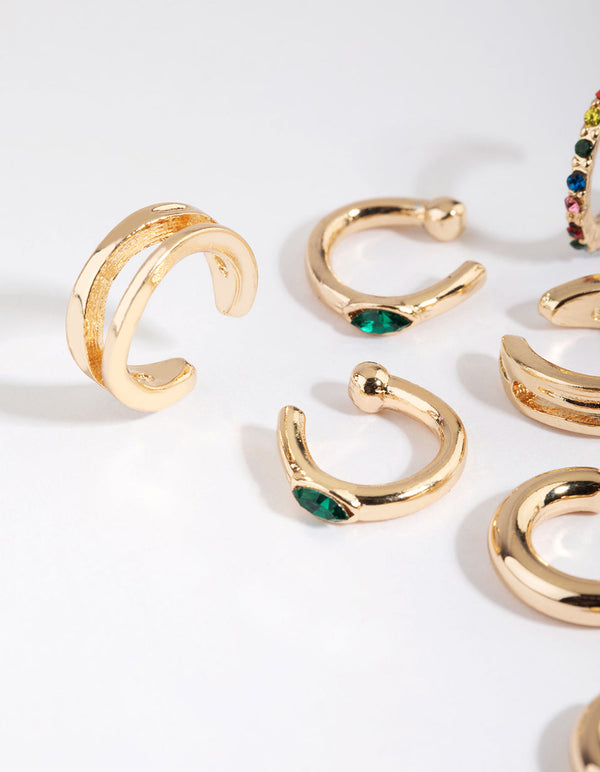 Gold and Colourful Cuff and Huggie Hoop Earring Stack Pack