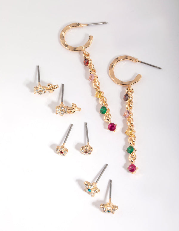 Gold Cubic Zirconia Star and Flower Drop Earring Stack Pack