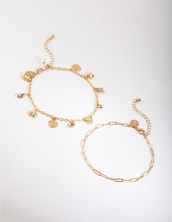 Gold Charm and Chain Anklet Set
