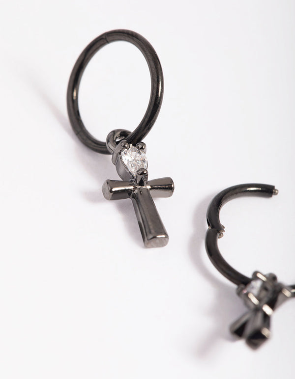 Matte Black Surgical Steel Cross Hoop Earrings