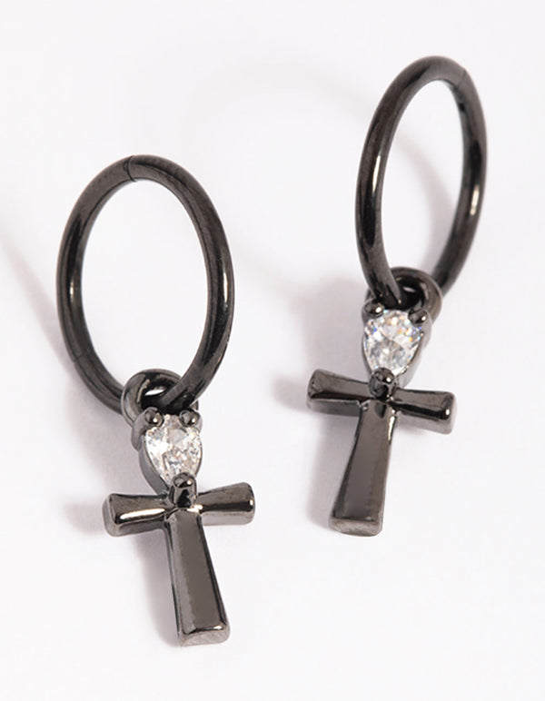 Matte Black Surgical Steel Cross Hoop Earrings