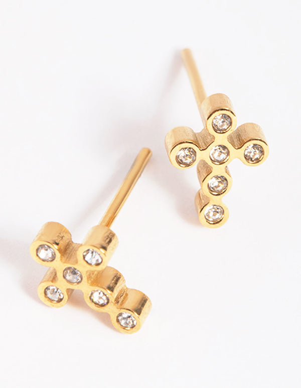 Gold Plated Surcial Steel Cross Stud Earrings