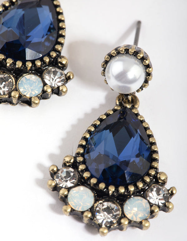 Navy Pearl and Diamante Drop Earrings