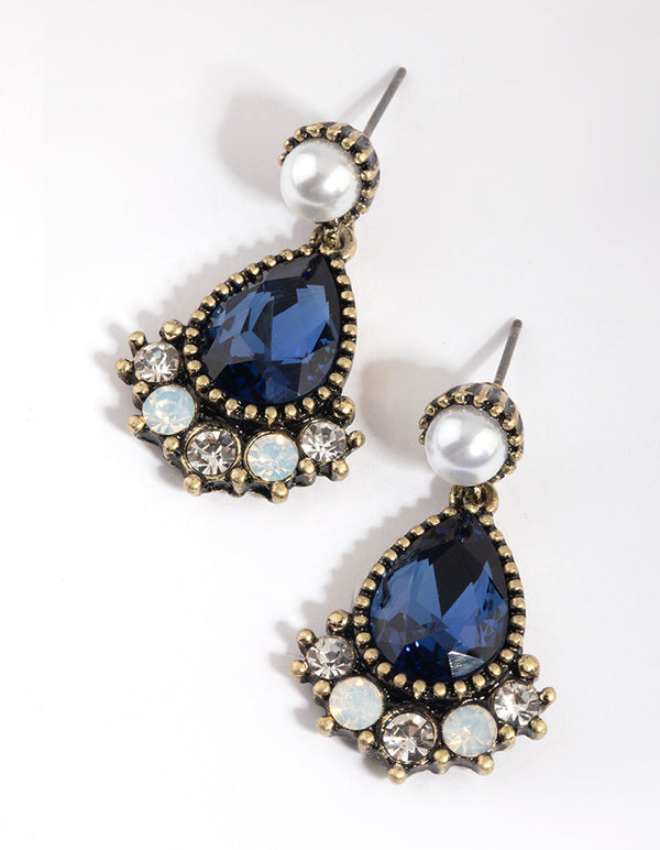 Navy Pearl and Diamante Drop Earrings
