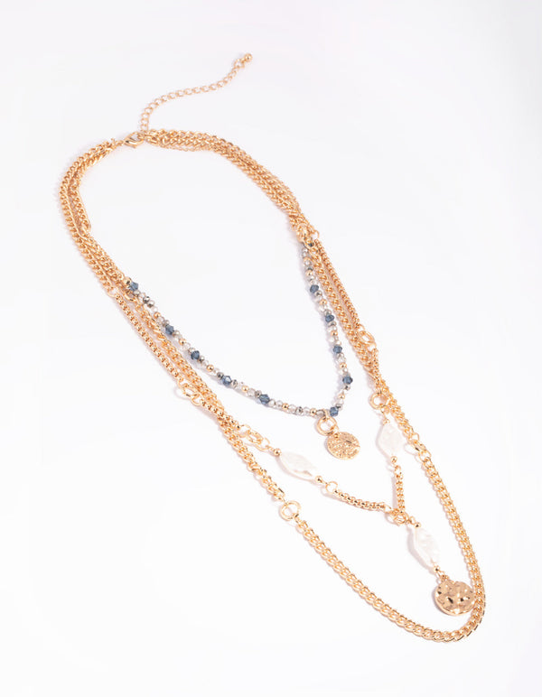Gold Molten Disc and Pearl Layered Necklace