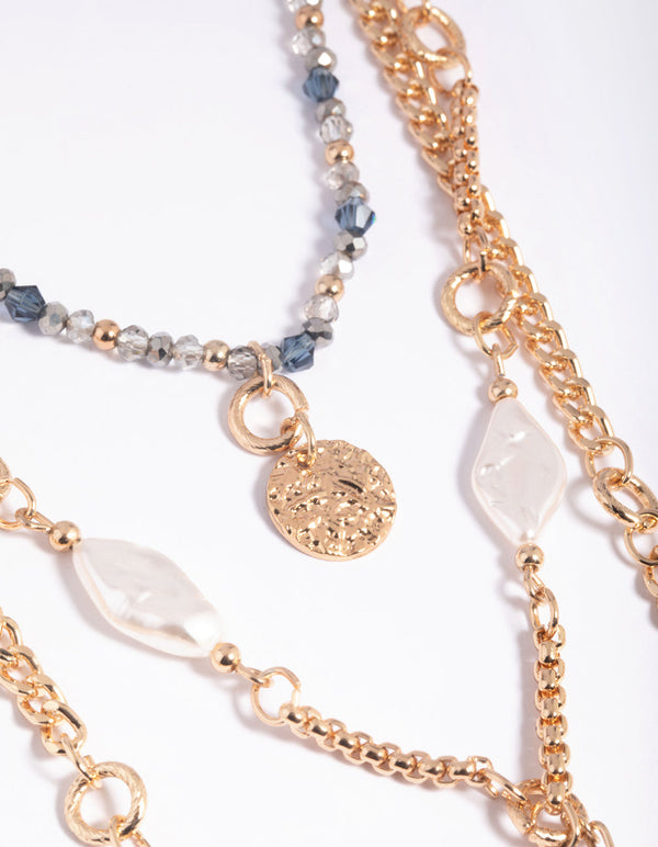 Gold Molten Disc and Pearl Layered Necklace