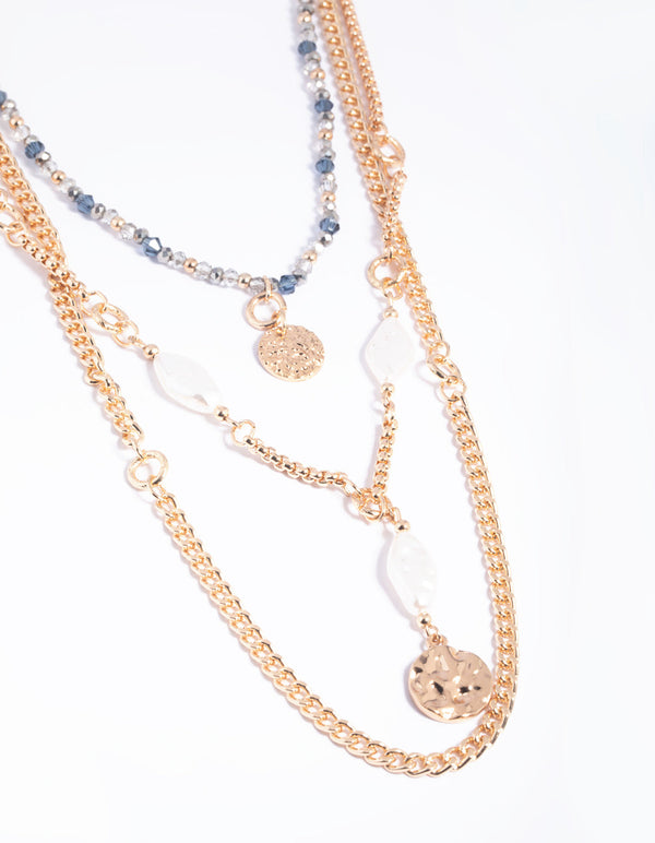 Gold Molten Disc and Pearl Layered Necklace