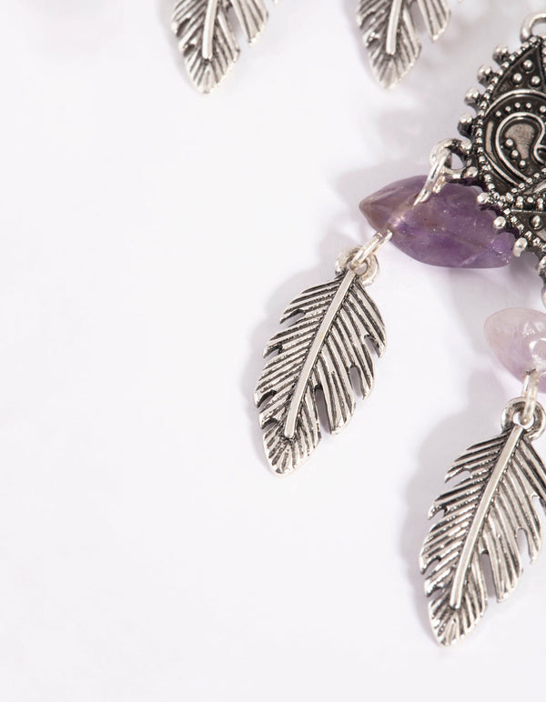 Antique Silver Fan Drop Earrings with Amethyst