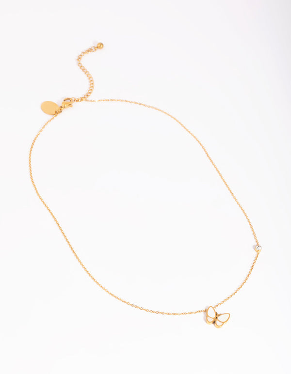 Gold Plated Surgical Steel Butterfly Necklace with Mother of Pearl