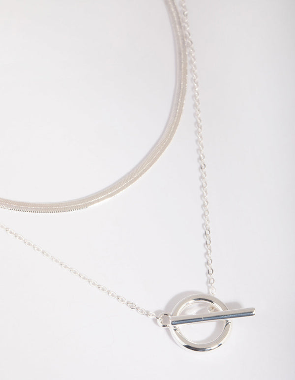 Silver Plated Snake Chain and Fob Necklace Set