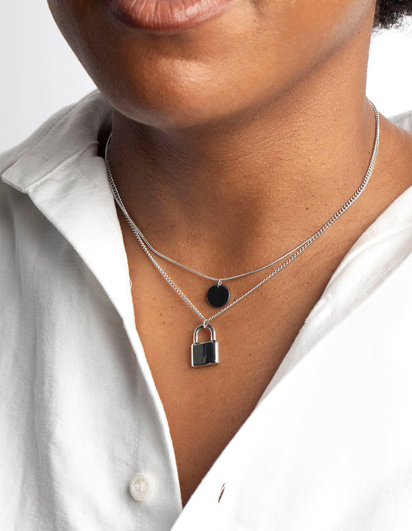 Surgical Steel Disc and Padlock Layered Necklace