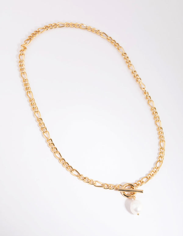 Gold Plated Figaro Freshwater Pearl Necklace