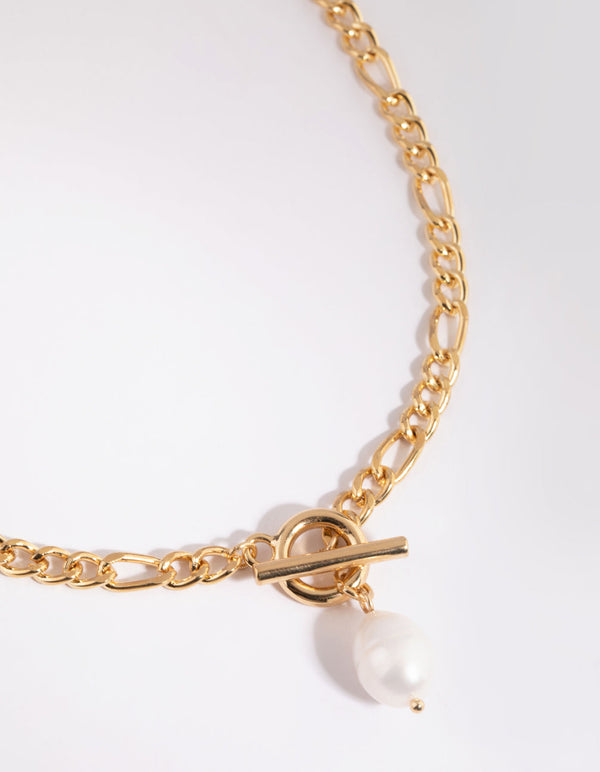 Gold Plated Figaro Freshwater Pearl Necklace
