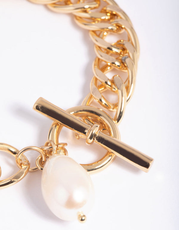 Gold Plated Fob Chain Bracelet with Freshwater Pearl