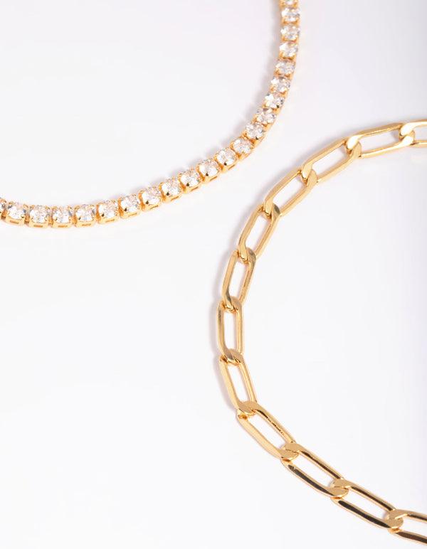 Gold Plated Chain and Cubic Zirconia Anklet Set