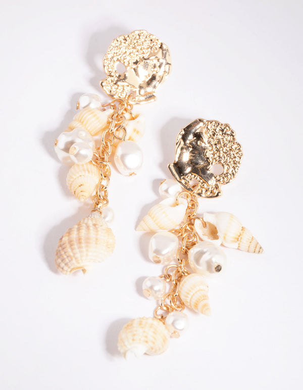 Gold Shell and Pearl Drop Earrings