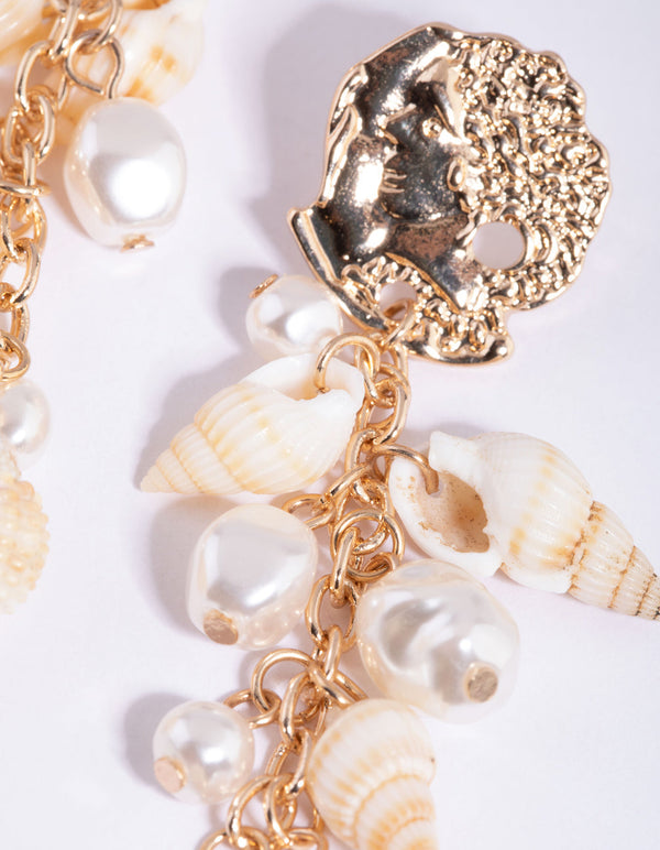 Gold Shell and Pearl Drop Earrings