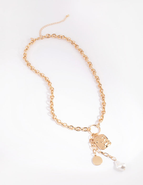 Gold Pearl and Coin Chain Necklace